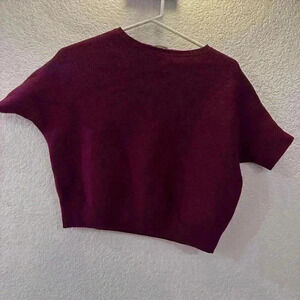 R Label Cropped Burgundy Wool Sweater Minimalist Short Sleeve Holiday Women’s S